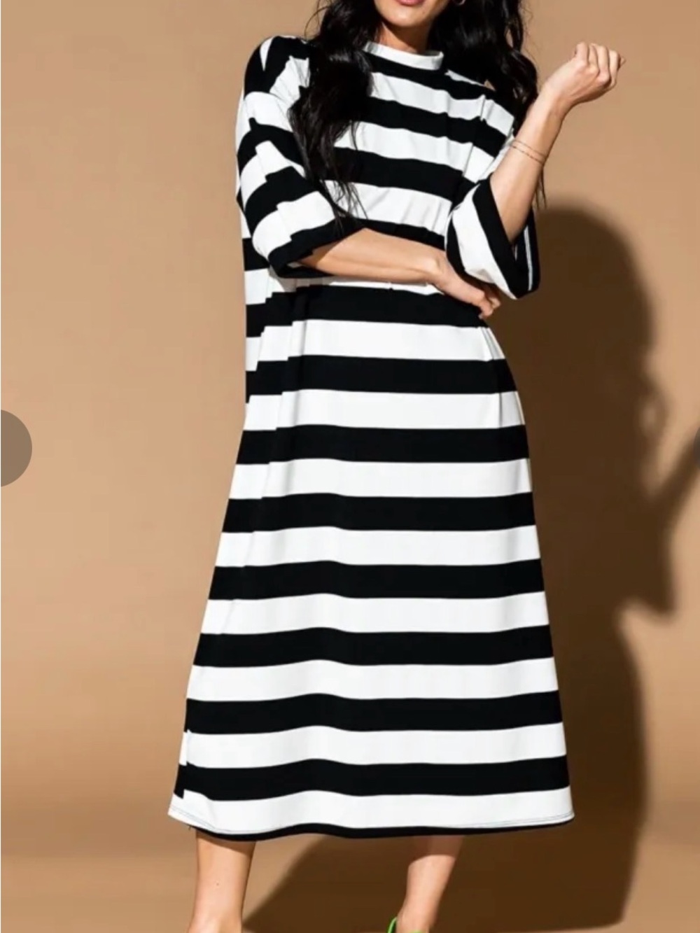 Black & White Striped Midi Dress - Classic Crew Neck Dressed in LALA